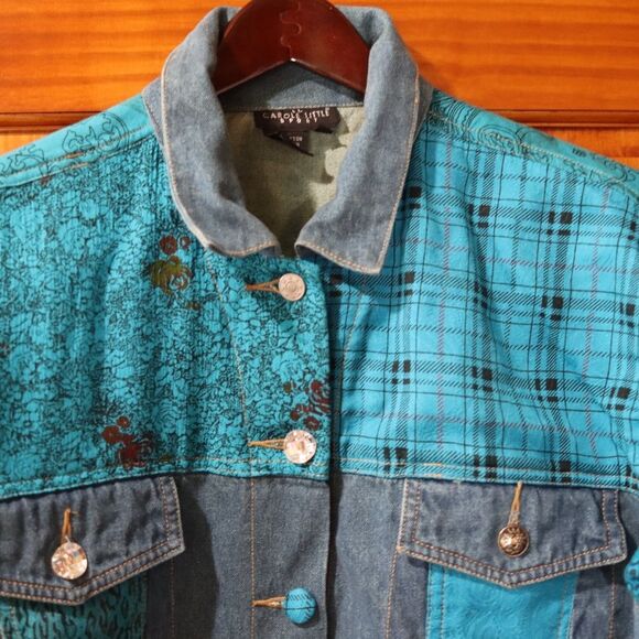 Carole Little Blue Denim Funky Patchwork Jacket & Silk Shirt Set 80s 8 - Picture 12 of 16